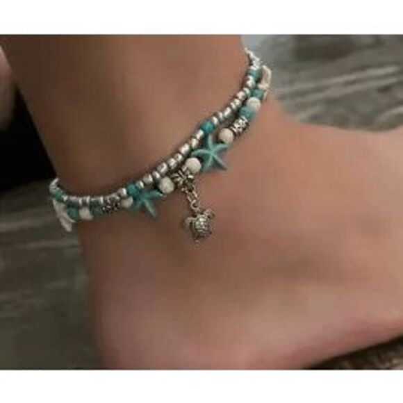 TURQUOISE SILVER AND WHITE BEADED STARFISH TURTLE MULTILAYER ANKLET - Picture 3 of 6